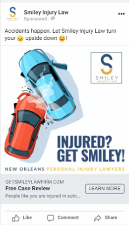 Instagram advertisement for Smiley Injury Firm